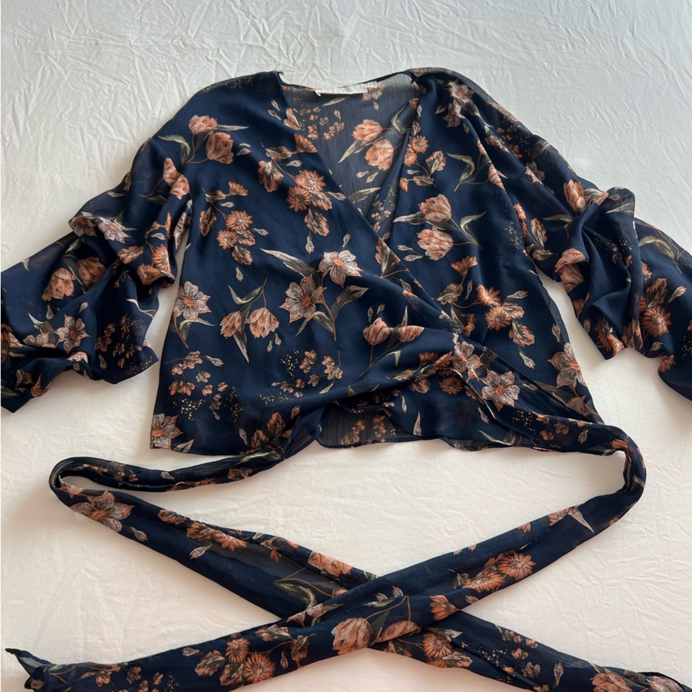 Floral Wrap Blouse in Navy and Peach
